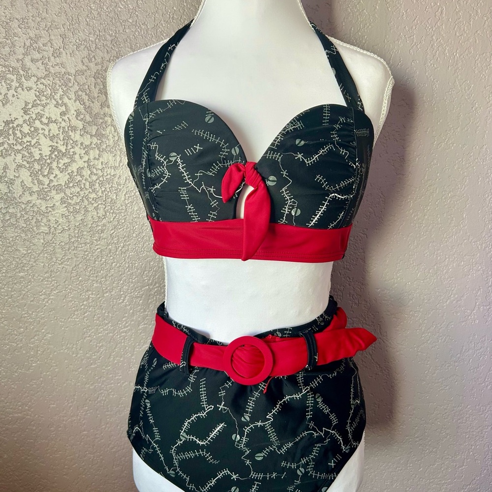 Unique Vintage Black Swim Two-Piece with Red Accents